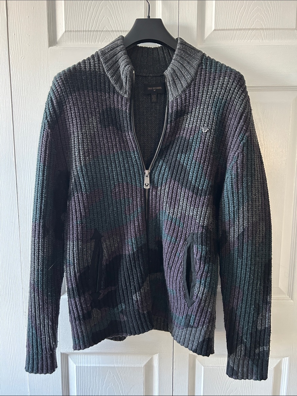 True Religion Men's Dark Gray Camo Zip Rib Knit Sweater with Purple & Teal Tones